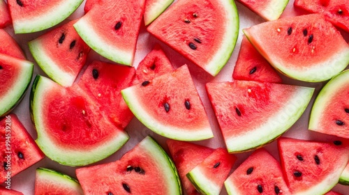 Watermelon slices, revealing their juicy red flesh and green rind, from close up