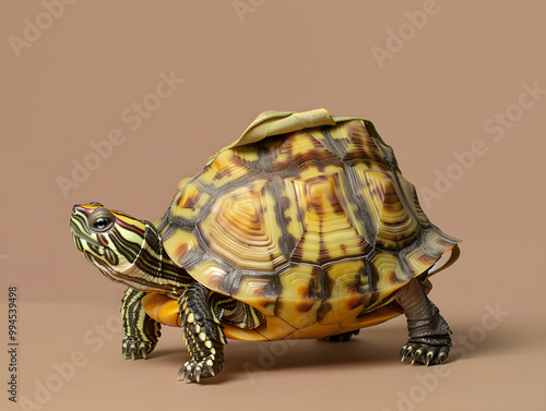 Adorable turtle wearing a shell-shaped backpack on sandy beach under clear blue sky. photo