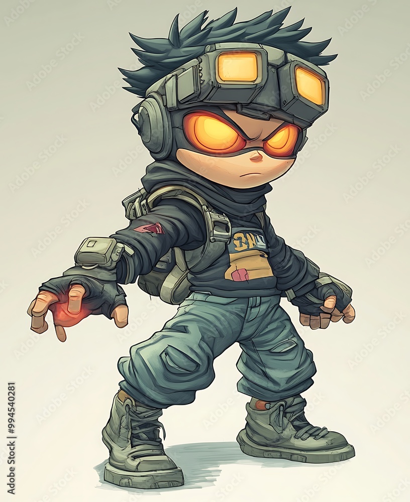 Cartoon illustration of a futuristic, young boy with goggles Cartoon illustration of a futuristic, young boy with goggles