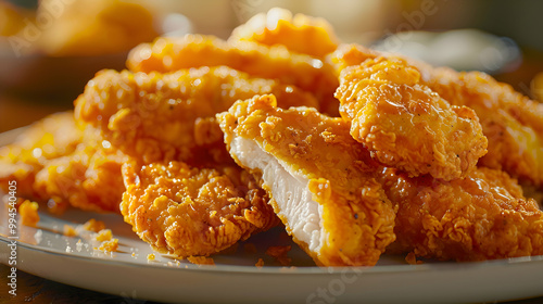 A close-up of chicken tenders with a golden crust, captured using an ultra HD camera with a ring light for even illumination