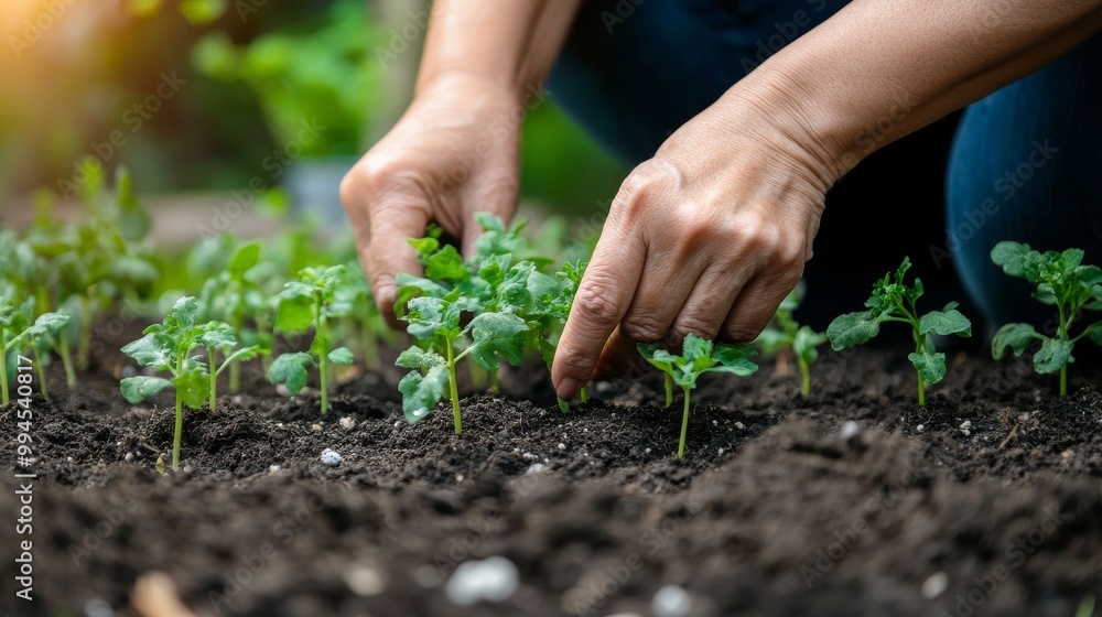 An illustration showing the care and connection individuals have with nature by planting a small leafy green plant into rich, dark soil. An illustration showing the care and connection individuals have with nature by planting a small leafy green plant into rich, dark soil.
