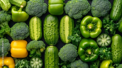 The image shows a variety of fresh vegetables, including bell peppers, cucumbers, broccoli, and leafy greens. Great for themes relating to healthy eating, nutrition, and organic foods. photo