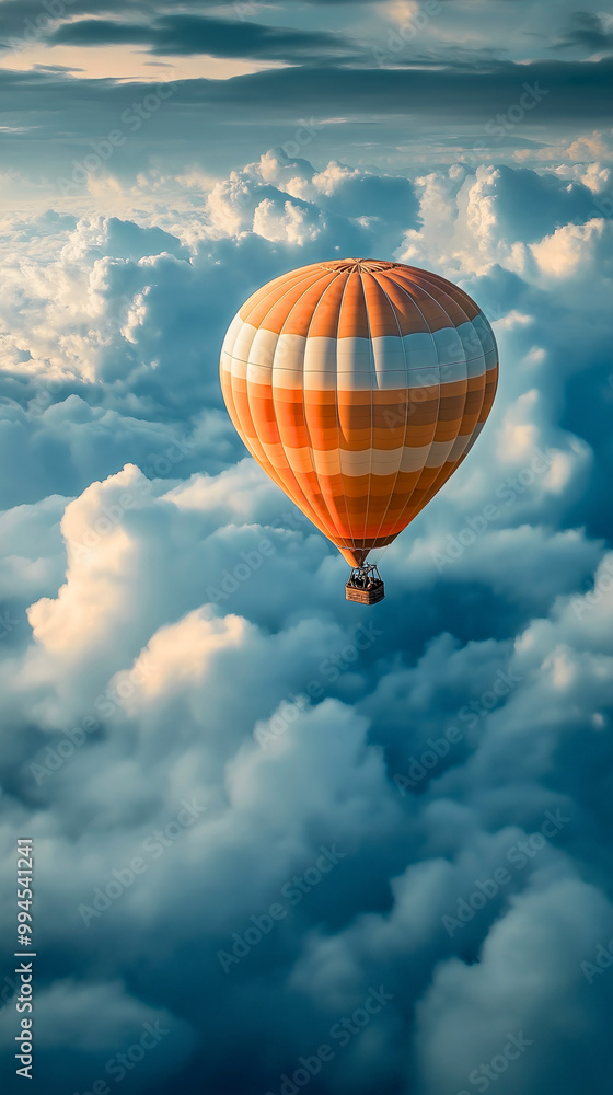 Fototapeta premium Colorful hot air balloon floats in sky, adventure travel scene with vibrant aircraft, journey over scenic landscape, freedom of flight captured in tourism trip