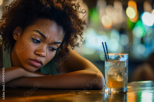 selective focus on young worried black woman at a bar with an alcoholic drink for concept of drinking, alcoholism, distress and sadness photo