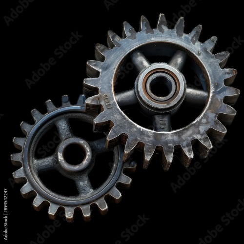 Two metal gears on a black background for machinery use