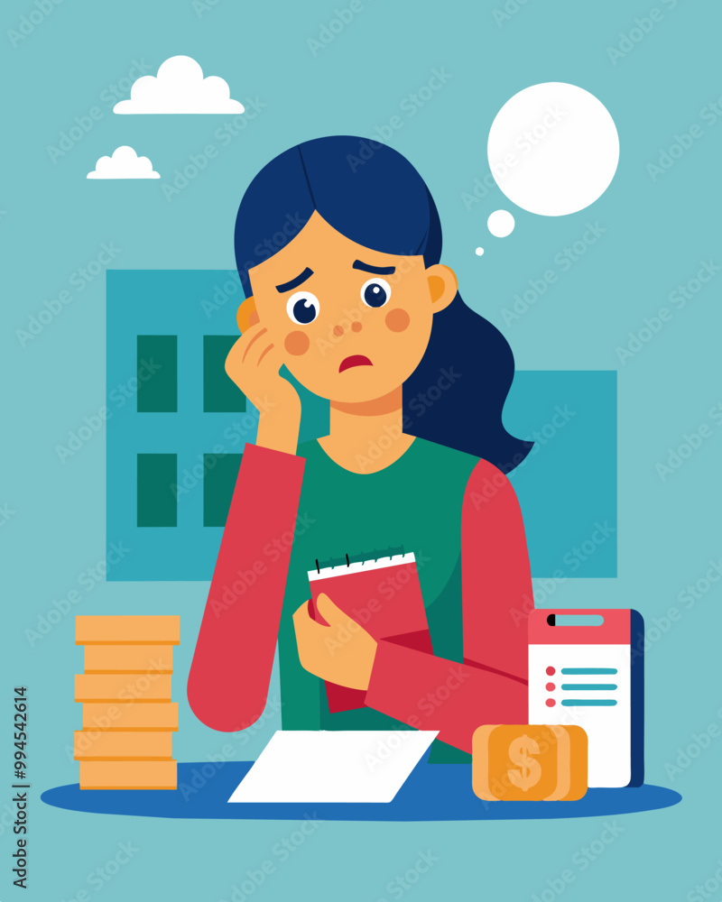 A woman nervously checking her bank balance after hearing news of a potential recession.. Vector illustration A woman nervously checking her bank balance after hearing news of a potential recession.. Vector illustration
