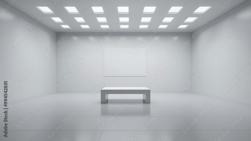 Minimalist white room with bench and ceiling lights, simple, modern interior design concept Minimalist white room with bench and ceiling lights, simple, modern interior design concept