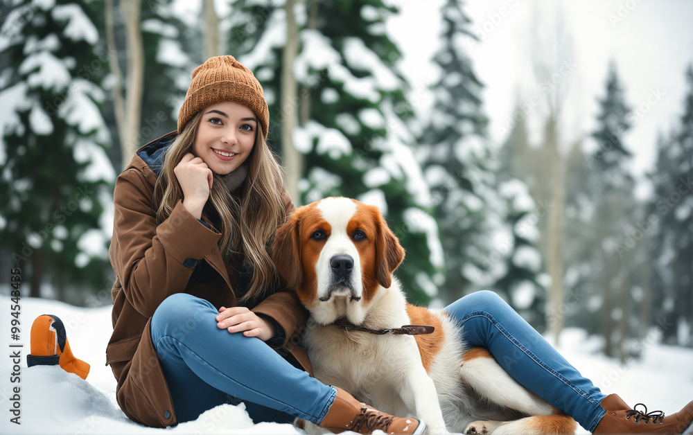 Portrait of young woman in winter clothes with adorable dog during walk and games in snowy forest. Owner hugs her beloved dog. Portrait of young woman in winter clothes with adorable dog during walk and games in snowy forest. Owner hugs her beloved dog.