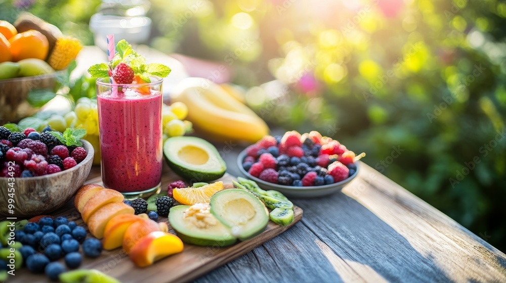 Fresh fruits, granola, and fresh greenery are presented in a cozy setting next to a wooden table Fresh fruits, granola, and fresh greenery are presented in a cozy setting next to a wooden table