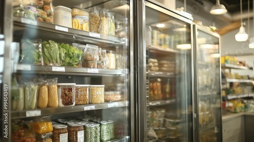 Pantry shelves stocked with containers, bottles, and jars of various foods.