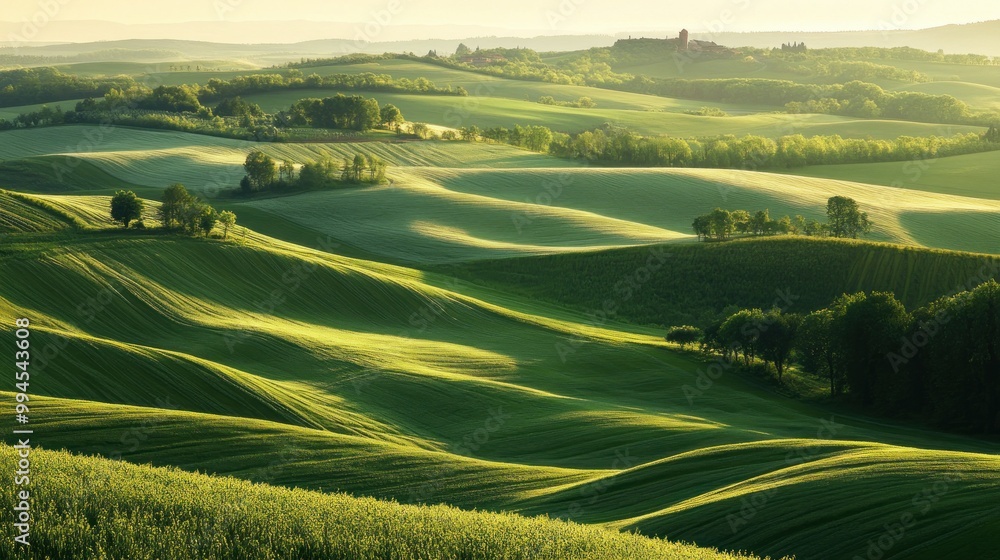 Rolling Green Hills with a Distant Village at Sunset Rolling Green Hills with a Distant Village at Sunset