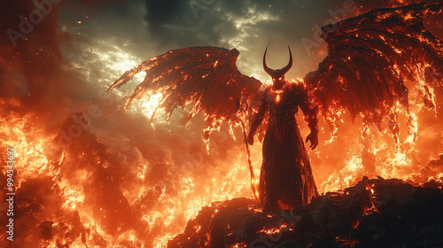 demonic overlord rises amidst flames, reigning over a hellish landscape at dusk