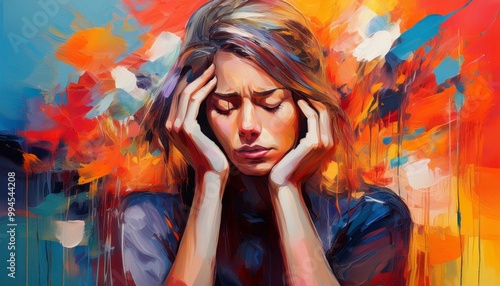 Depressed young woman, abstract portrait, colorful background, mental health concept.