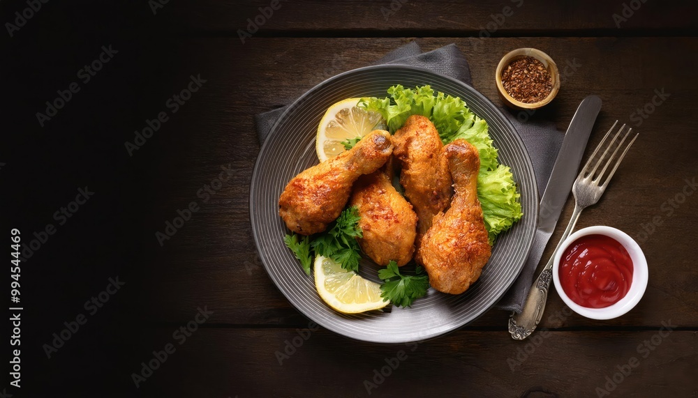 fried chicken legs with lettuce, lemon on plate. fried chicken legs served with lettuce, fried chicken legs with lettuce, lemon on plate. fried chicken legs served with lettuce,