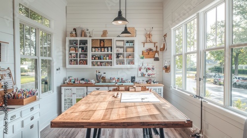 Bright Scandinavian style craft room with a large wooden table, wall-mounted storage for supplies, and large windows for natural light