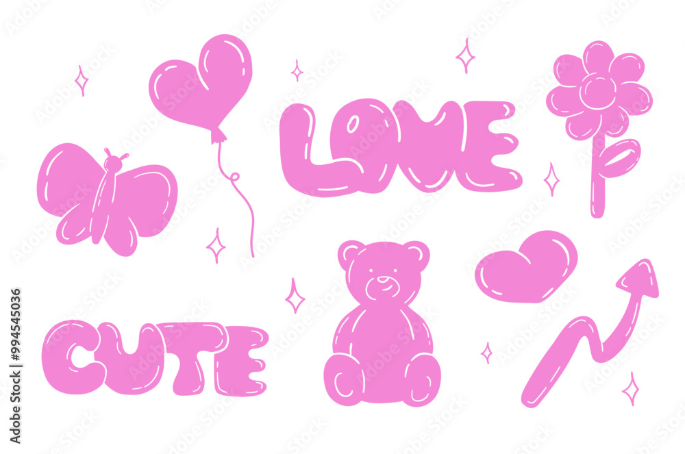 Balloons love, teddy bear, cute, inflatable flower blossom and butterfly in pink. Valentine's day or birthday celebration. Party festive decor y2k cartoon flat style isolated illustration Balloons love, teddy bear, cute, inflatable flower blossom and butterfly in pink. Valentine's day or birthday celebration. Party festive decor y2k cartoon flat style isolated illustration
