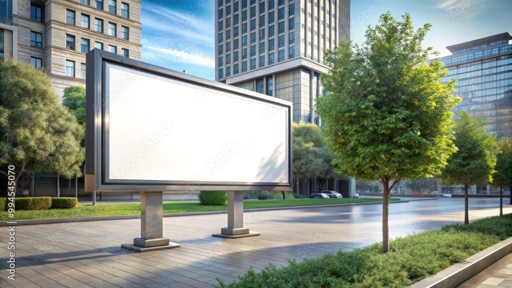 Blank billboard is standing in a city park surrounded by greenery and modern buildings with the sun shining Blank billboard is standing in a city park surrounded by greenery and modern buildings with the sun shining