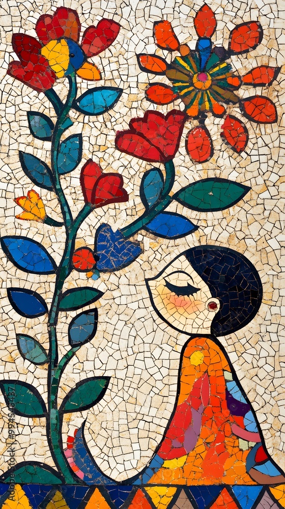 Fototapeta premium Classical Madhubani Painting Art, Abstract Image, Texture, Pattern Background, Wallpaper, Cover and Screen for Smartphone, PC, Laptop, 9:16 and 16:9 Aspect Ratio