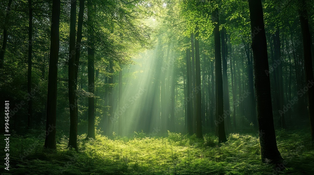 Fototapeta premium Sunbeams Piercing Through a Dense Forest Canopy