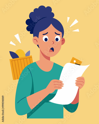A person stares at their receipt in shock unable to believe how much they spent on basic groceries at the supermarket.. Vector illustration