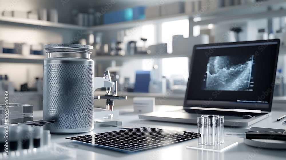 Close up of a laboratory table with a microscope, laptop, test tubes and a glass jar. Concept of science, research, and innovation Close up of a laboratory table with a microscope, laptop, test tubes and a glass jar. Concept of science, research, and innovation