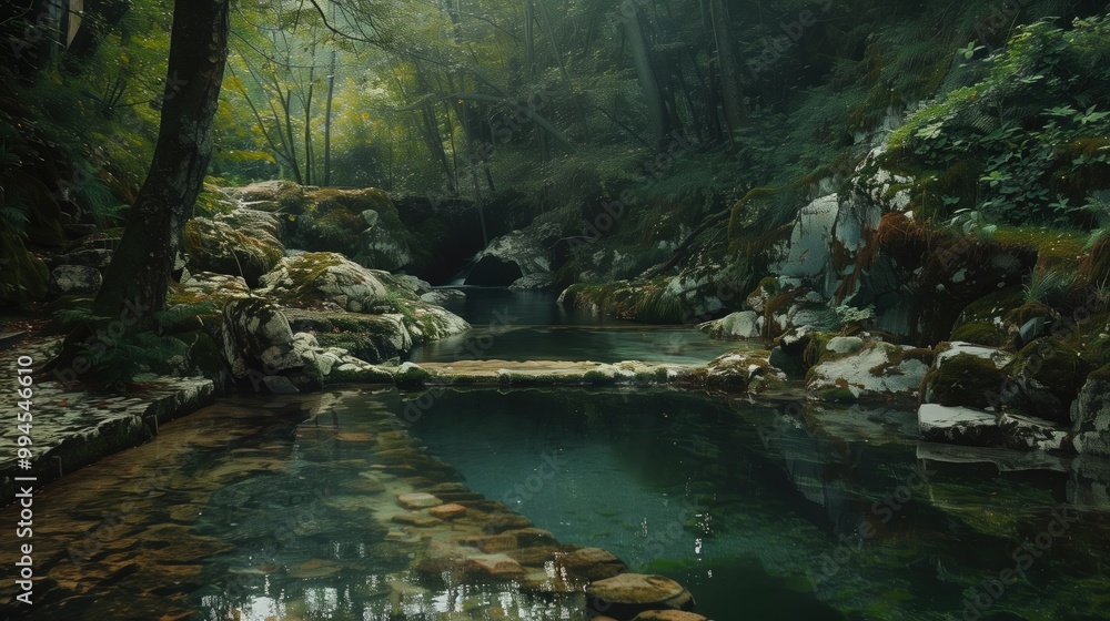 Obraz premium A tranquil forest stream surrounded by lush greenery and rocky banks.