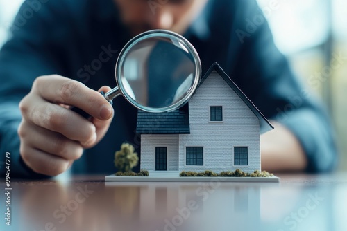 real estate agent using a magnifying glass on a house model on a table, a realtor examining a small-scale white miniature building for land sales or home inspection Generative AI