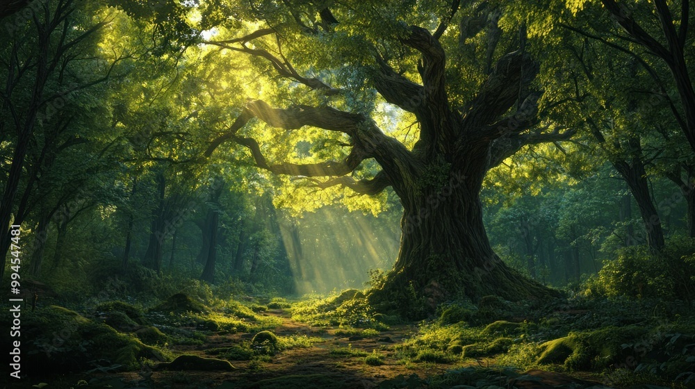 Sunlight Streaming Through Ancient Trees in a Lush Forest Sunlight Streaming Through Ancient Trees in a Lush Forest