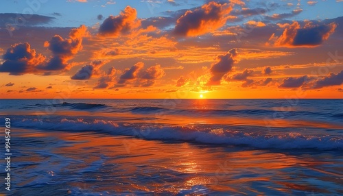 Vibrant sunset over the sea with orange hues reflecting on waves under a serene sky filled with scattered clouds, capturing natures picturesque beauty