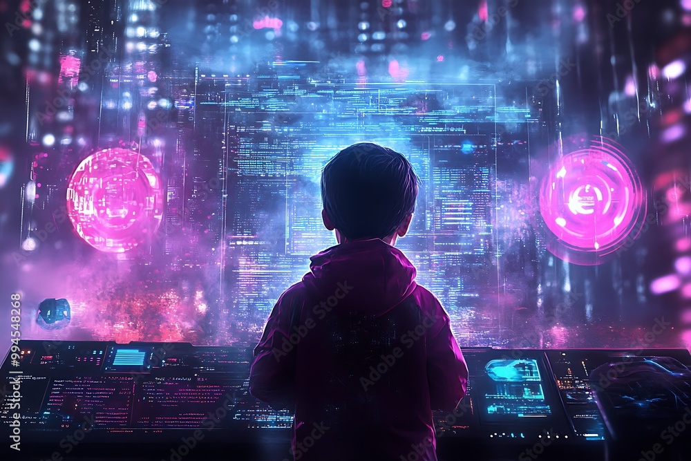 Obraz premium Cyberpunk Child Exploring a Futuristic World