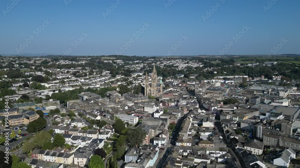 Truro, Cornwall, England: DRONE VIEWS: Truro city centre and Truro Cathedral. Truro is the southernmost city in the United Kingdom and grew as a trade centre through its port on Truro River (Clip 5). Truro, Cornwall, England: DRONE VIEWS: Truro city centre and Truro Cathedral. Truro is the southernmost city in the United Kingdom and grew as a trade centre through its port on Truro River (Clip 5).