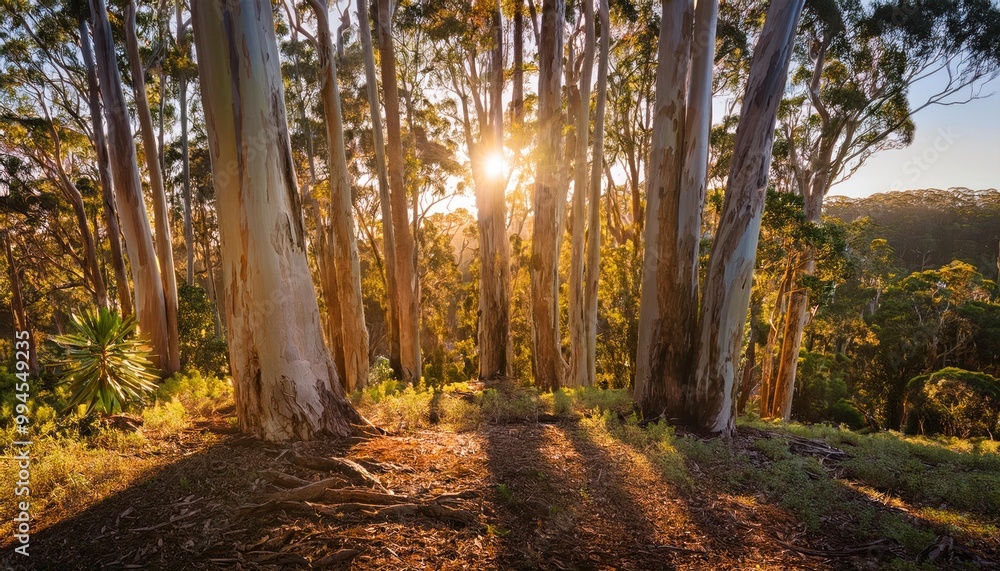 Fototapeta premium Golden hour tree light. Sunbeams stream through branches of eucalyptus forest 