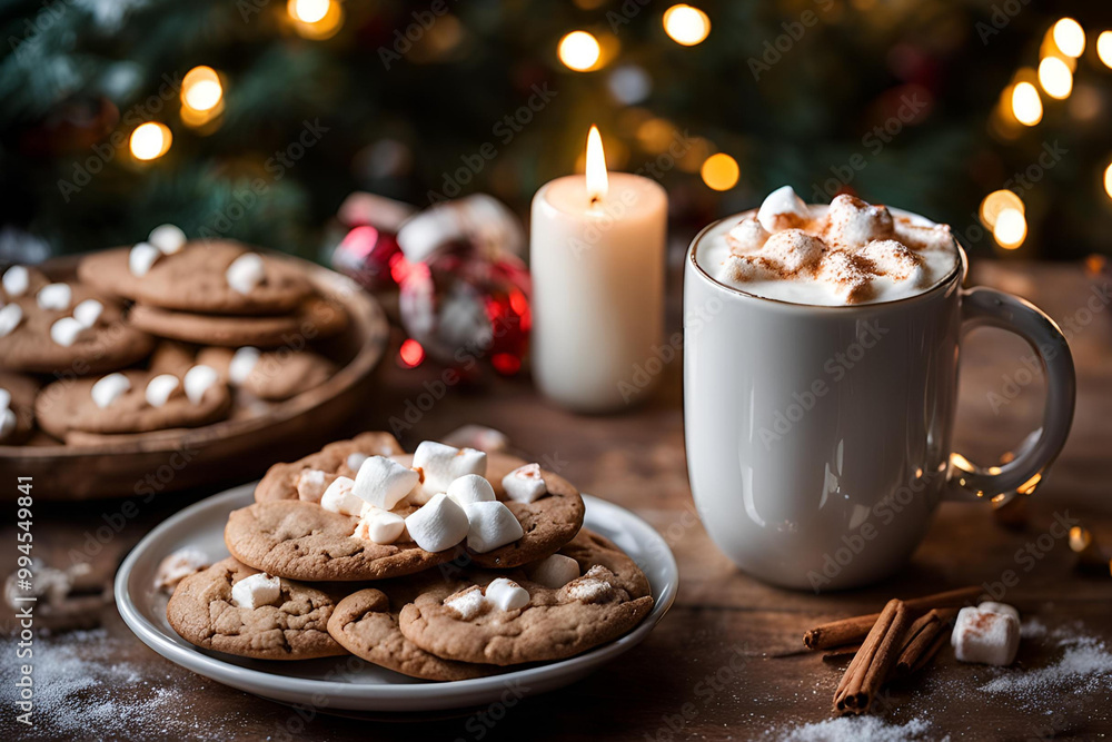 Cozy Holiday Scene with Hot Cocoa, Cookies, and Candlelight, Warm and festive scene with a mug of hot cocoa topped with marshmallows, cookies, and soft candlelight, set against a blurred background Cozy Holiday Scene with Hot Cocoa, Cookies, and Candlelight, Warm and festive scene with a mug of hot cocoa topped with marshmallows, cookies, and soft candlelight, set against a blurred background