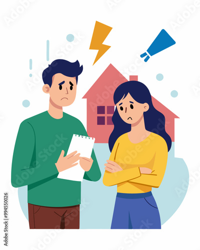 A young couple arguing over their dwindling bank account wondering how they will pay for their rent and utilities.. Vector illustration