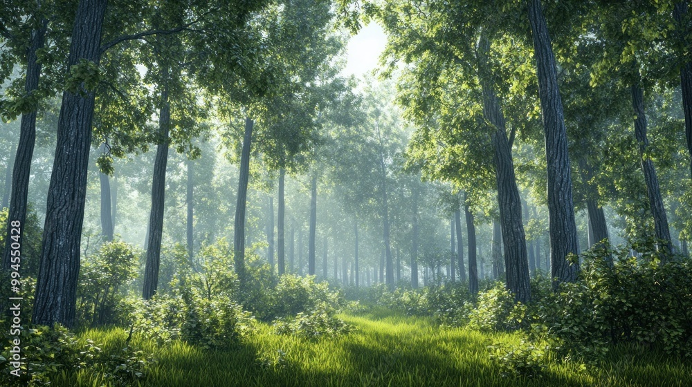 Sunbeams Illuminating a Misty Forest Path Sunbeams Illuminating a Misty Forest Path