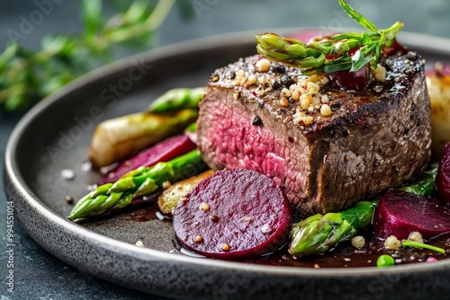 In a restaurant, a plate of ostrich steak with white and green asparagus, garden greens, and sauce