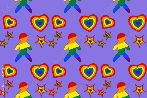 Bright and colorful LGBT illustration with rainbow hearts, stars, and figures. Perfect for Pride celebrations and designs.