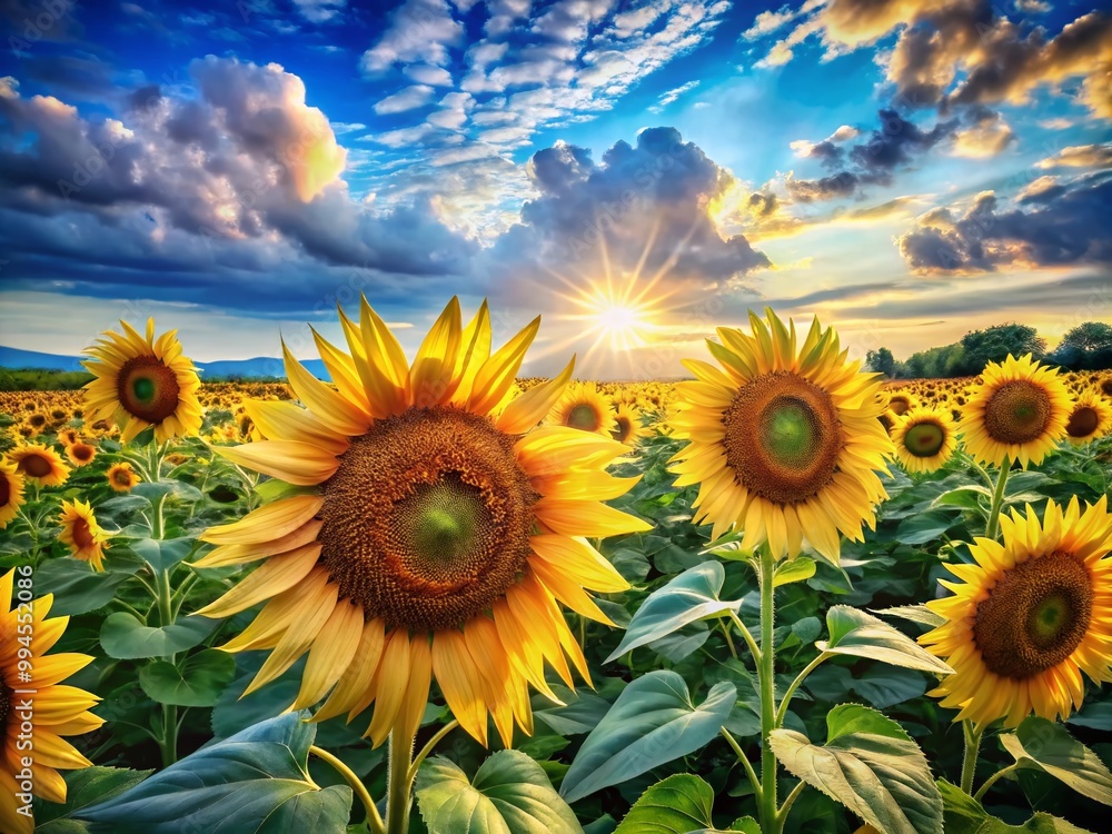 Fototapeta premium Vibrant Artwork of Sunflowers in a Field Under a Bright Blue Sky, Capturing Nature's Beauty