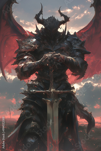 demon warrior under a red sky, wielding a large sword with a backdrop of a fiery battlefield
