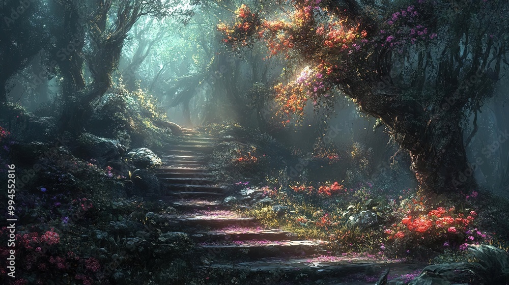 Obraz premium A serene forest path illuminated by soft light, surrounded by lush greenery and vibrant flowers, inviting exploration and adventure.