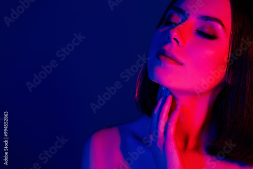 Close up photo of girl touch neck feel gentle flawless smooth skin isolated neon multicolor background