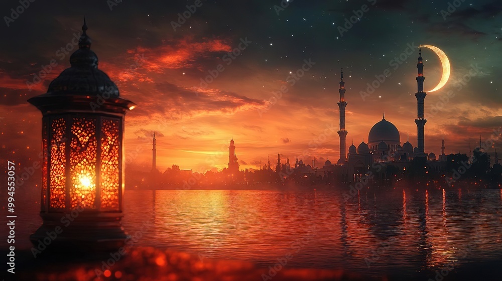 A stunning sunset view featuring a glowing lantern and an enchanting silhouette of a mosque by the water. A stunning sunset view featuring a glowing lantern and an enchanting silhouette of a mosque by the water.