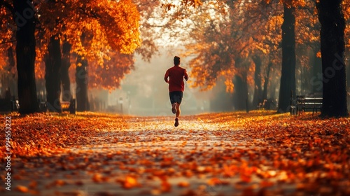 Runner races in nature's autumn embrace.