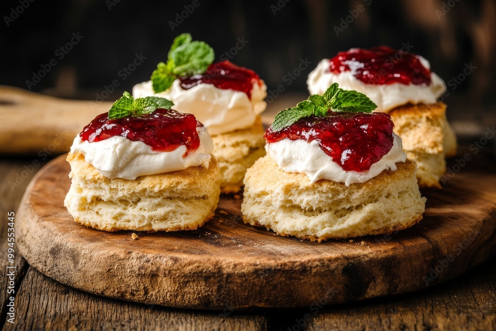 A stack of warm scones with creamy strawberry jam, generated with stock A stack of warm scones with creamy strawberry jam, generated with stock