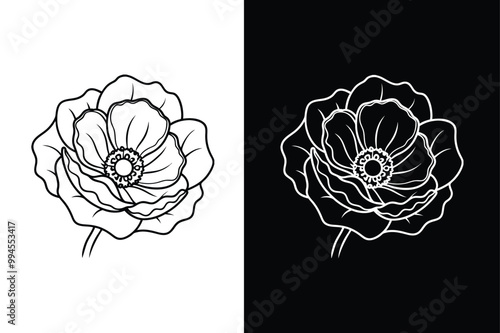 Poppy flower illustration vector lineout icon on white background.