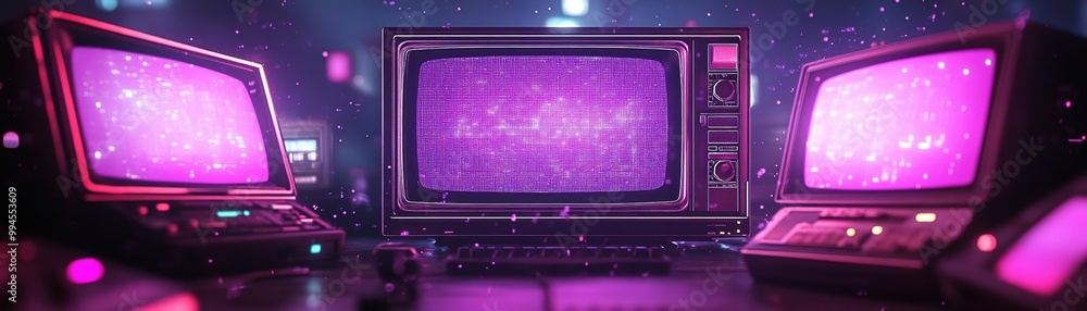 Obraz premium A vivid retro scene featuring vintage televisions with a purple glow, creating a nostalgic and futuristic atmosphere.