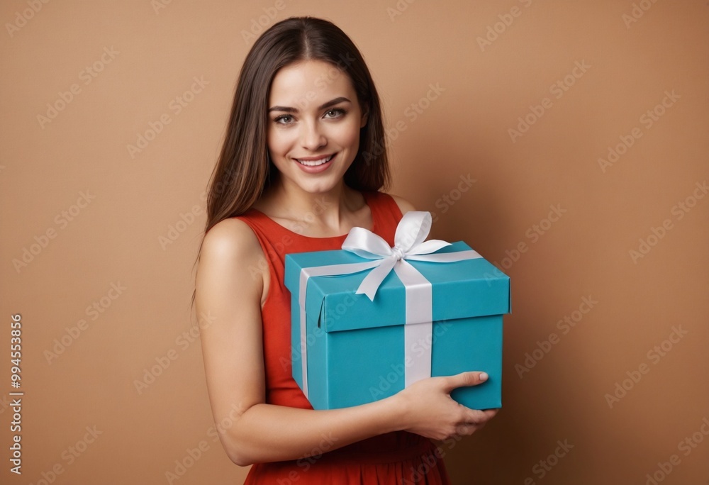 a happy brunette woman holding a gift box. a happy brunette woman holding a gift box.