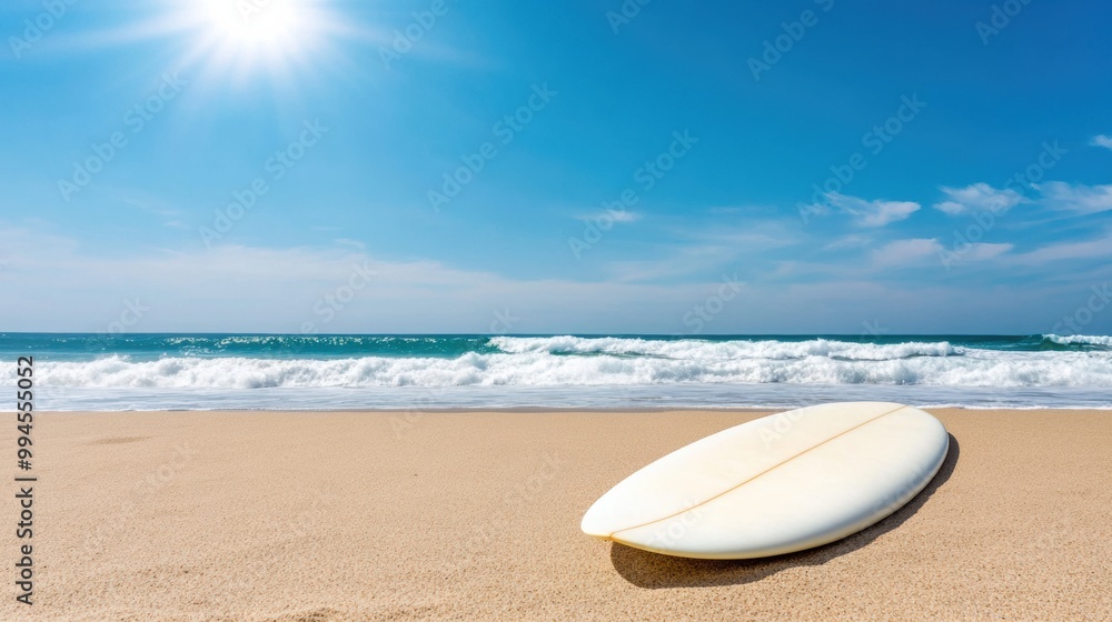 Surfboard on Sandy Beach with Clear Blue Sky Surfboard on Sandy Beach with Clear Blue Sky