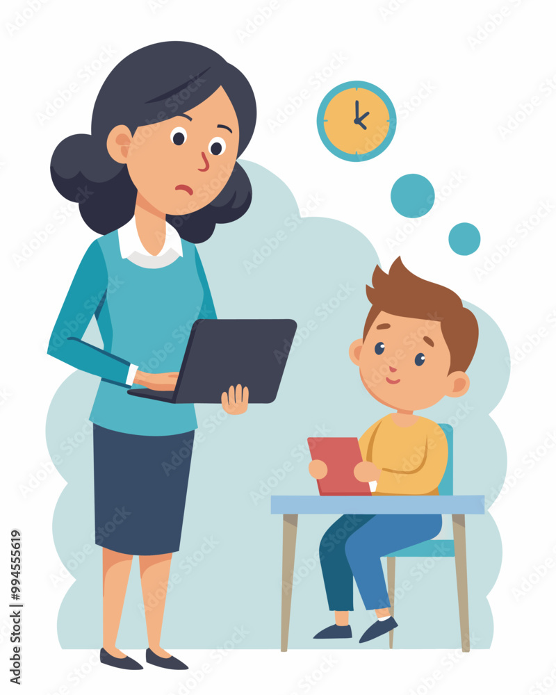 A working mother looks concerned as she discusses her reduced work hours with her boss. She is worried about balancing her job and her responsibilities at home with less time on. Vector illustration A working mother looks concerned as she discusses her reduced work hours with her boss. She is worried about balancing her job and her responsibilities at home with less time on. Vector illustration