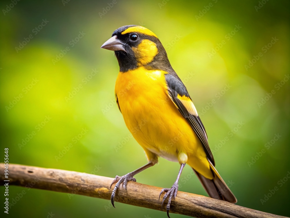 Fototapeta premium Vibrant Black and Yellow Canary Perched on a Branch Against a Natural Background in Soft Focus